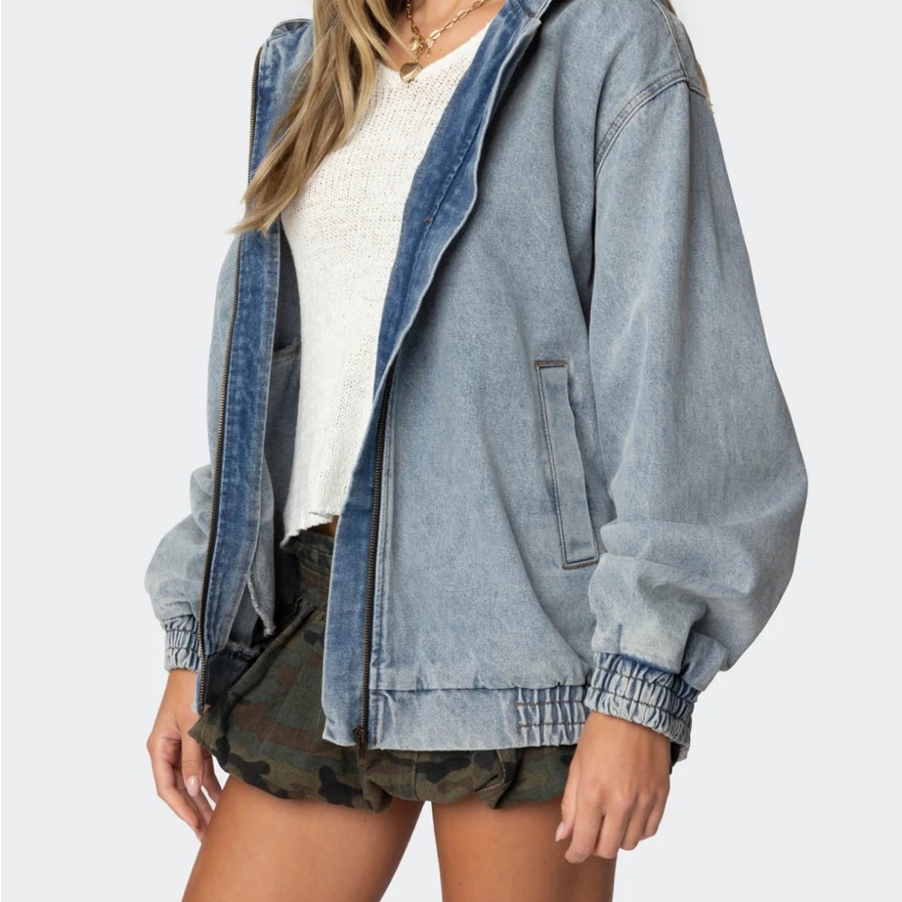 Edikted Hooded Vintage Washed Denim Bomber Jacket Size M - Picture 5 of 6